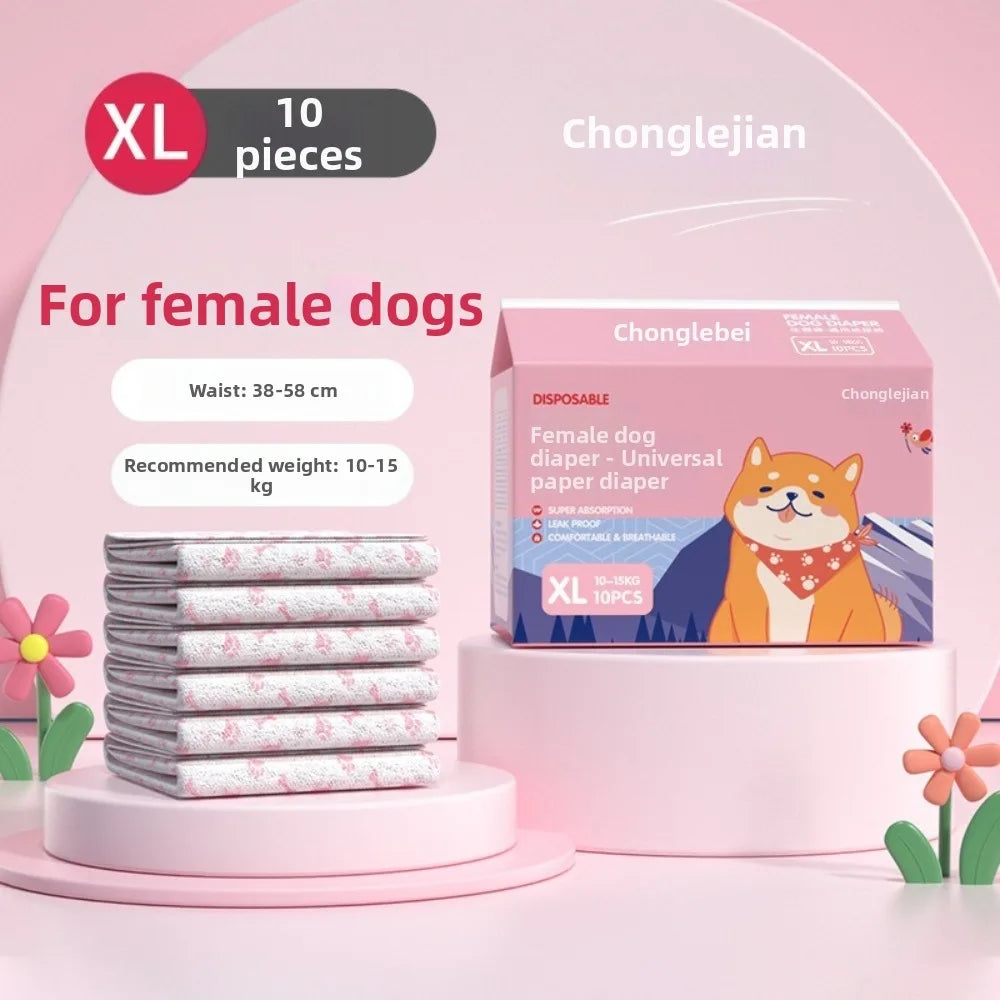 A box of XL disposable female dog diapers for puppies is shown next to stacked diapers and a pink stand.