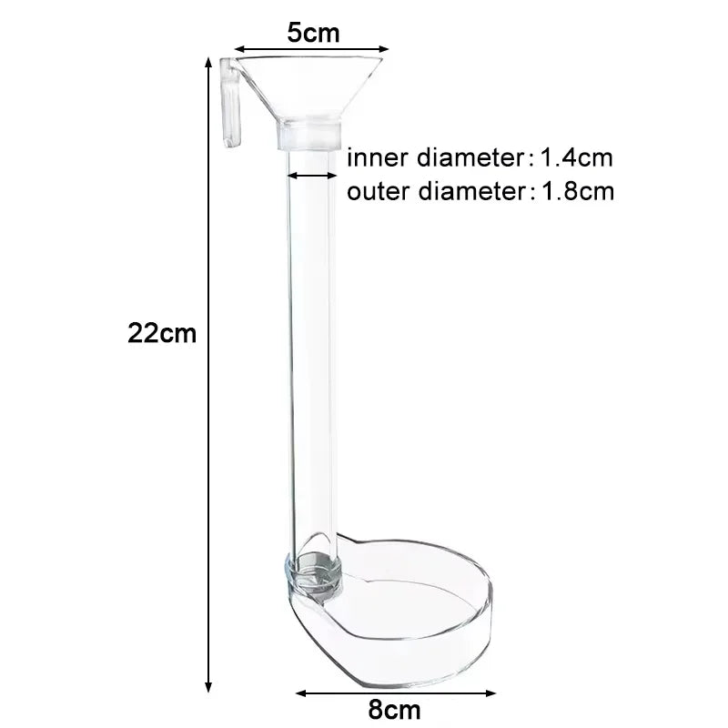 Adjustable aquarium feeder with a transparent tube and a shallow dish for feeding.