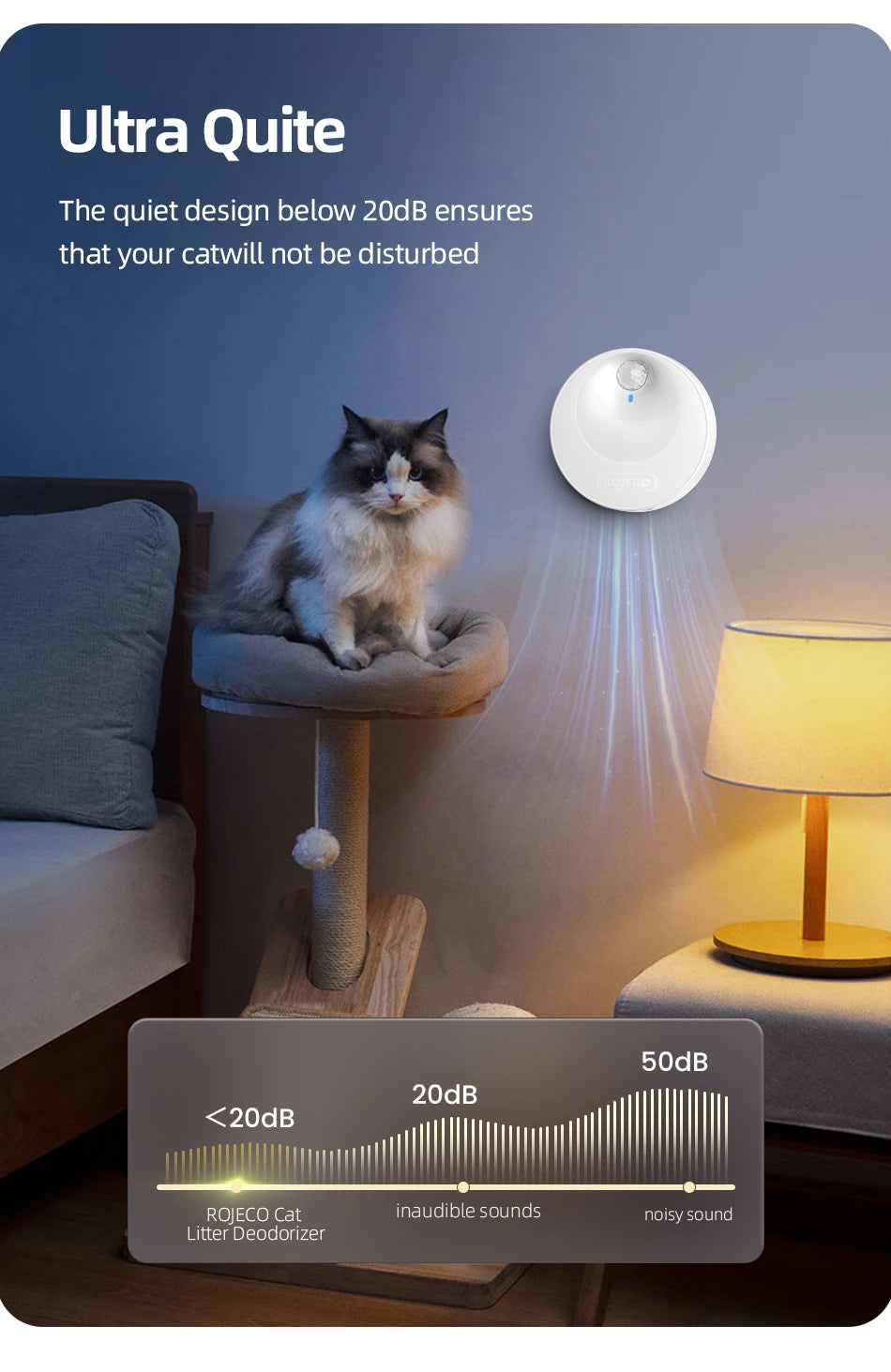 Un déodorisant de litière intelligent blanc émet un faisceau lumineux sur un chat, démontrant un fonctionnement silencieux.
