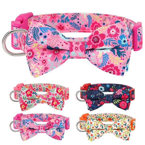 Pink floral nylon dog collar with an adjustable bowknot featuring various pink, blue, and green flowers.