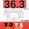 Black and white silicone rubber hole plugs shown with dimensional markings for sealing