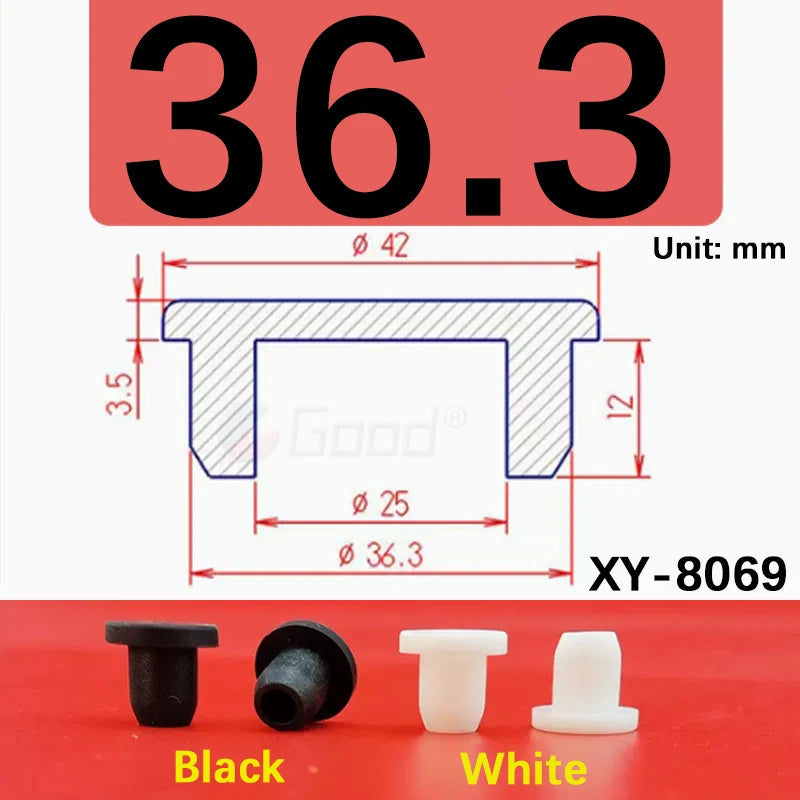 Black and white silicone rubber hole plugs shown with dimensional markings for sealing