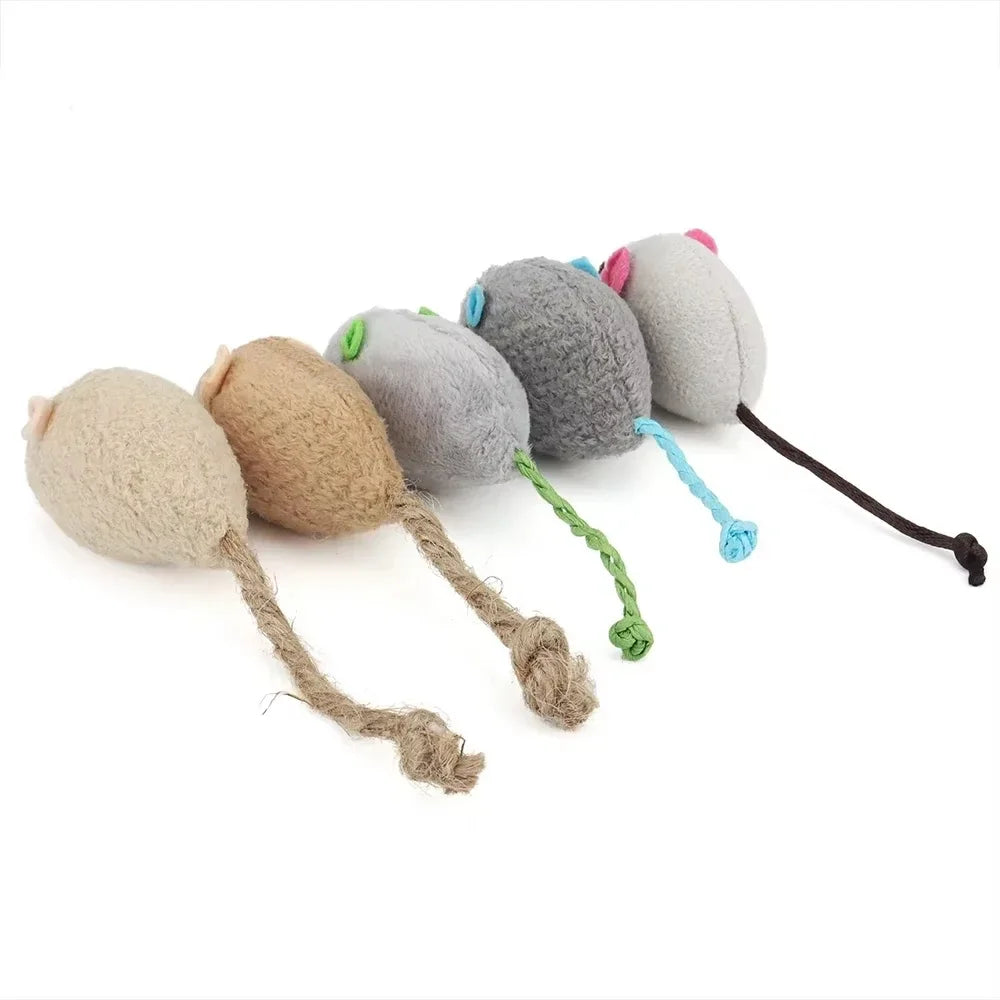 A set of five gray and beige catnip-filled plush mice toys with rattles.
