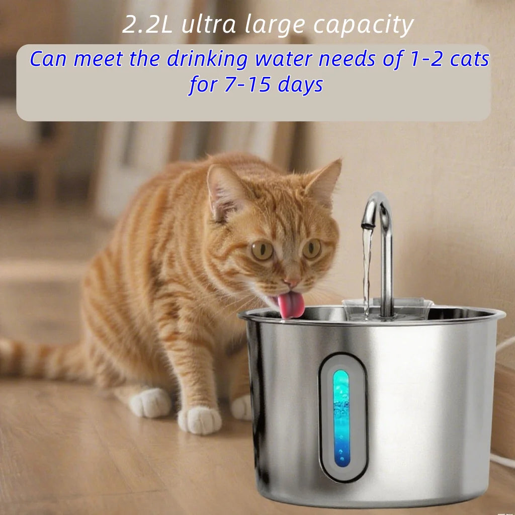 Un chat tigré boit de l'eau d'une fontaine à eau automatique en acier inoxydable.