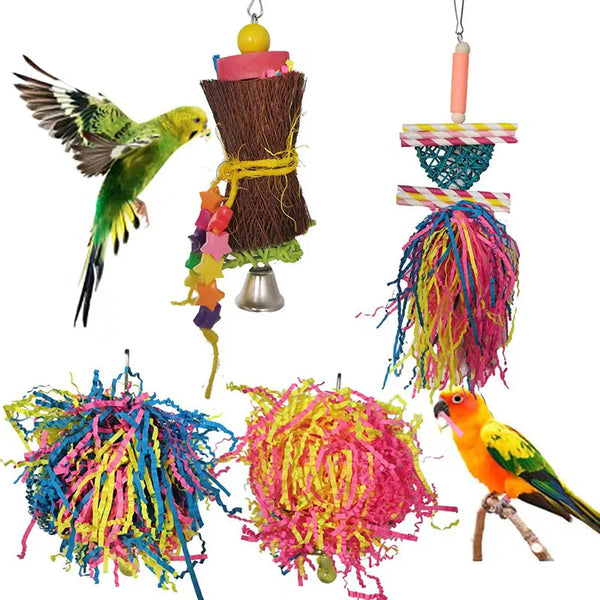 A natural wooden parrot shredder toy with colorful feathers and a bright orange parrot figure.