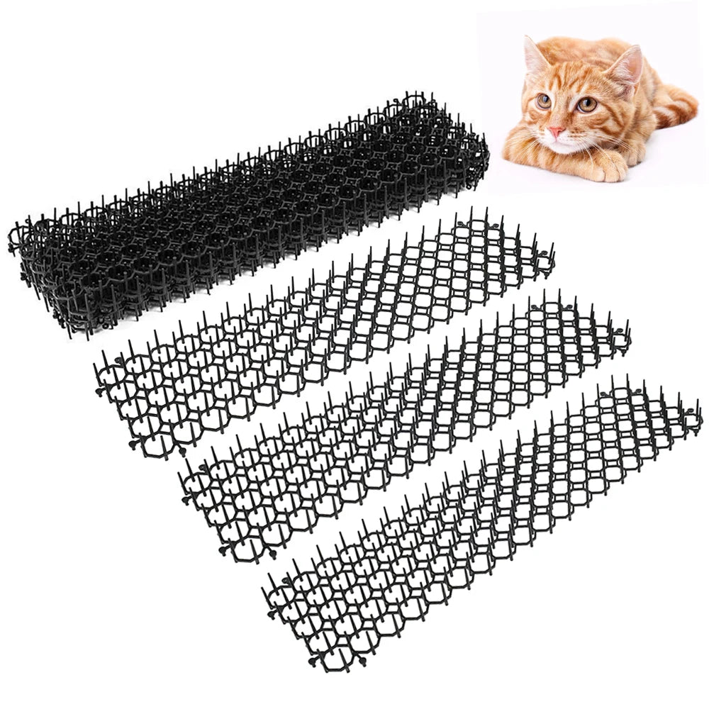 Black prickly strips for pet deterrent used in gardens and homes next to a cat