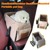 A beige portable pet bag is mounted on a car seat, holding a white fluffy dog.