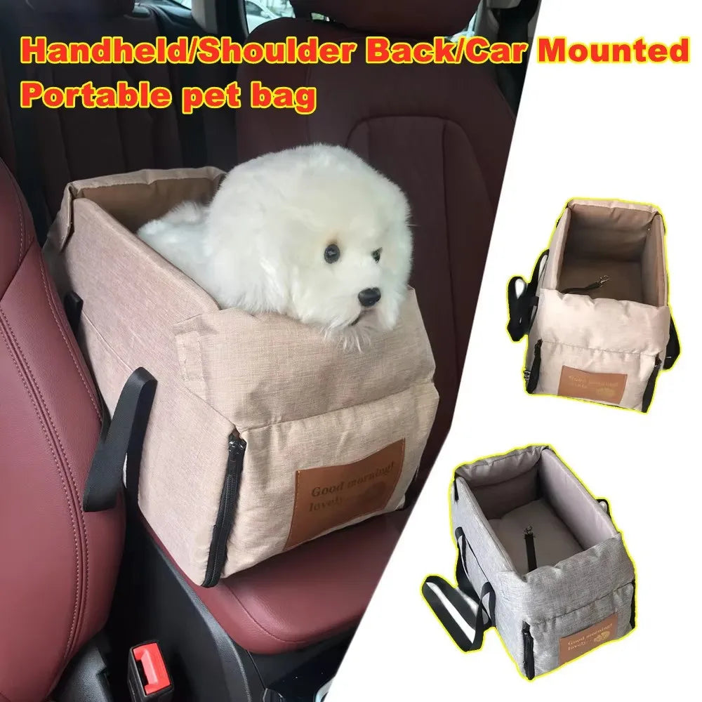 A beige portable pet bag is mounted on a car seat, holding a white fluffy dog.