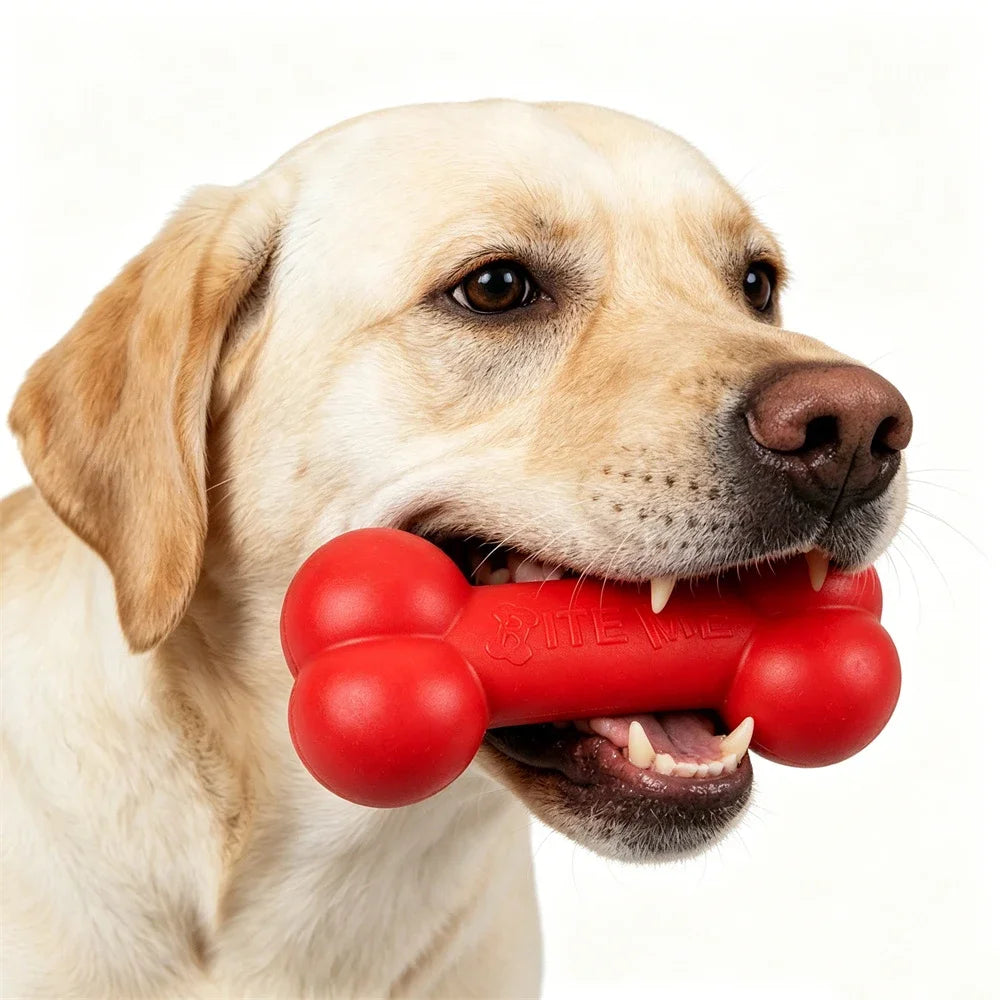 A light-colored dog is holding a red hexagonal TPR chew toy between its teeth.