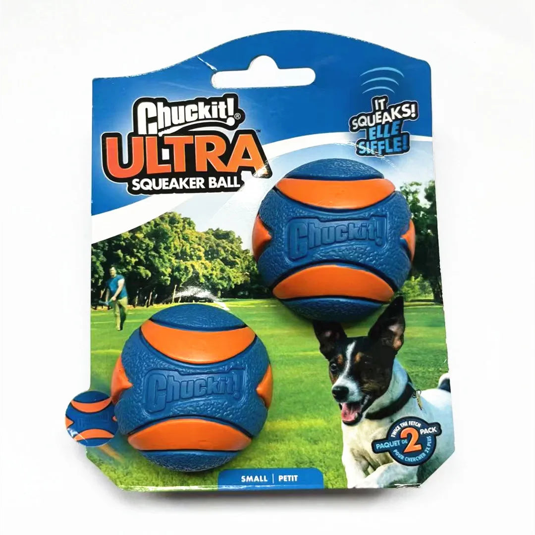 A package of Chuckit Ultra Squeaker Ball for dogs, showing a blue and orange ball and a dog.