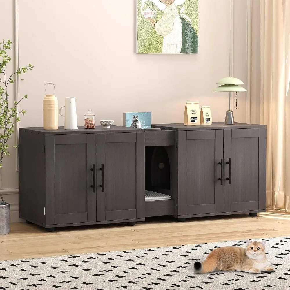 A dark gray wooden storage cabinet with doors and an open compartment, used for a cat litter box enclosure.