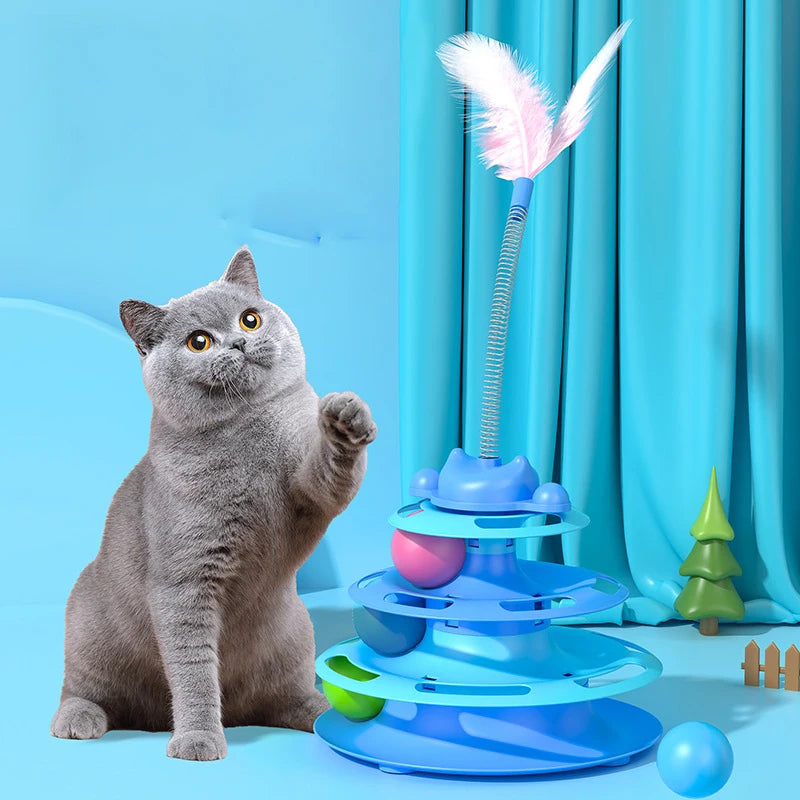 Interactive Cat Toy Tower with Turntable, Track, and Feather Balls