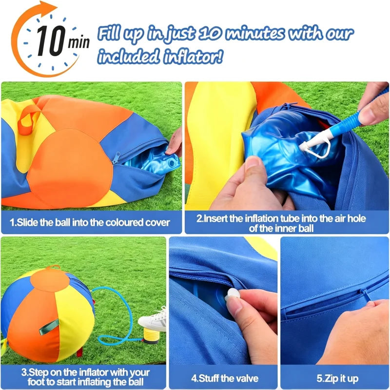 Instructions for inflating an inflatable dog training ball using an included inflator.