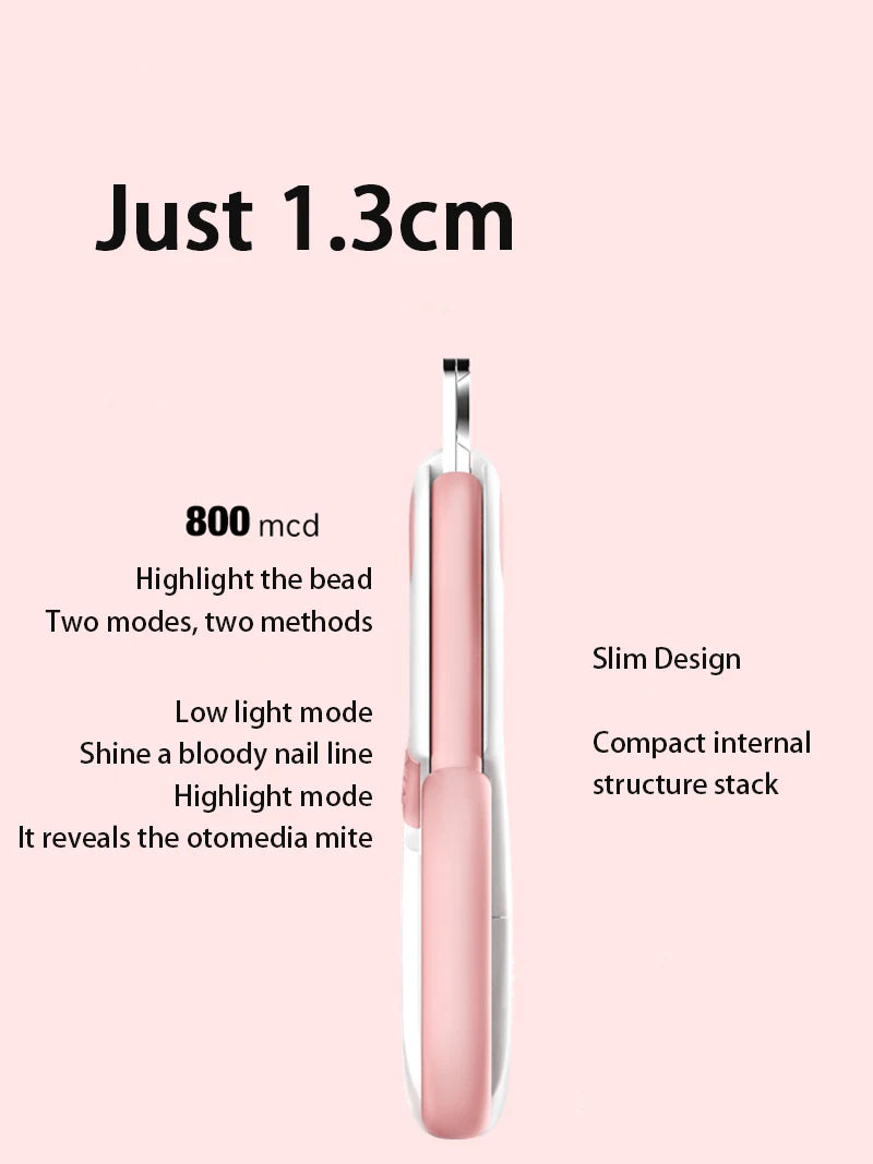 Nahaufnahme einer rosa LED-Tiernagelschere mit Sicherheitsverschluss, die schlanke Bauweise und interne Struktur zeigt.
