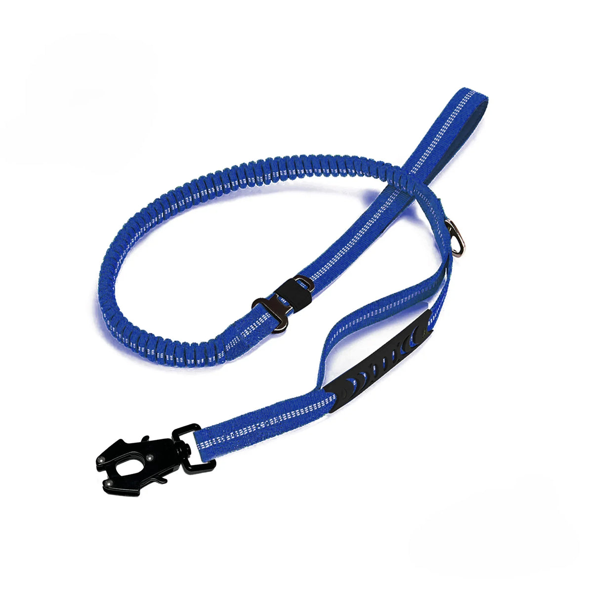 A blue heavy duty reflective dog leash with padded handles and traffic control features.