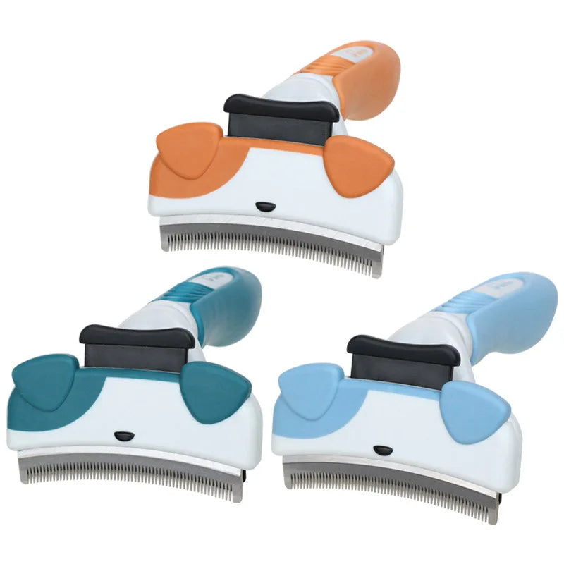 A pair of white and orange pet thinning combs for dogs and cats, showing the comb heads and teeth.