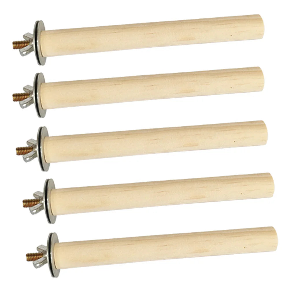 Four natural wood hanging perches with metal hardware for parrots