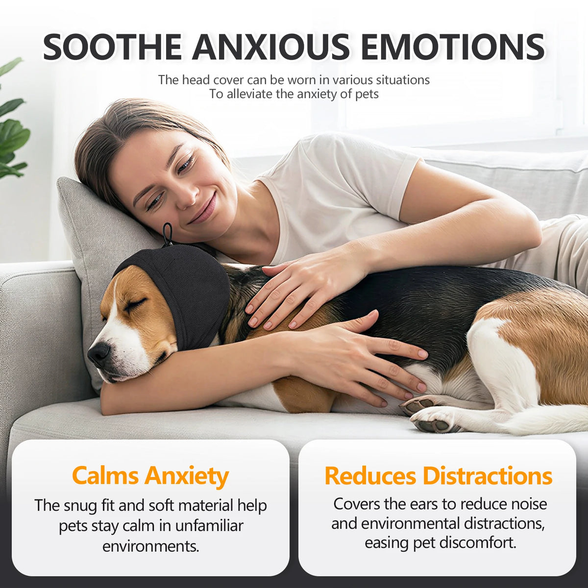 A woman is gently holding a dog while wearing a black calming ear cover to soothe anxious emotions.