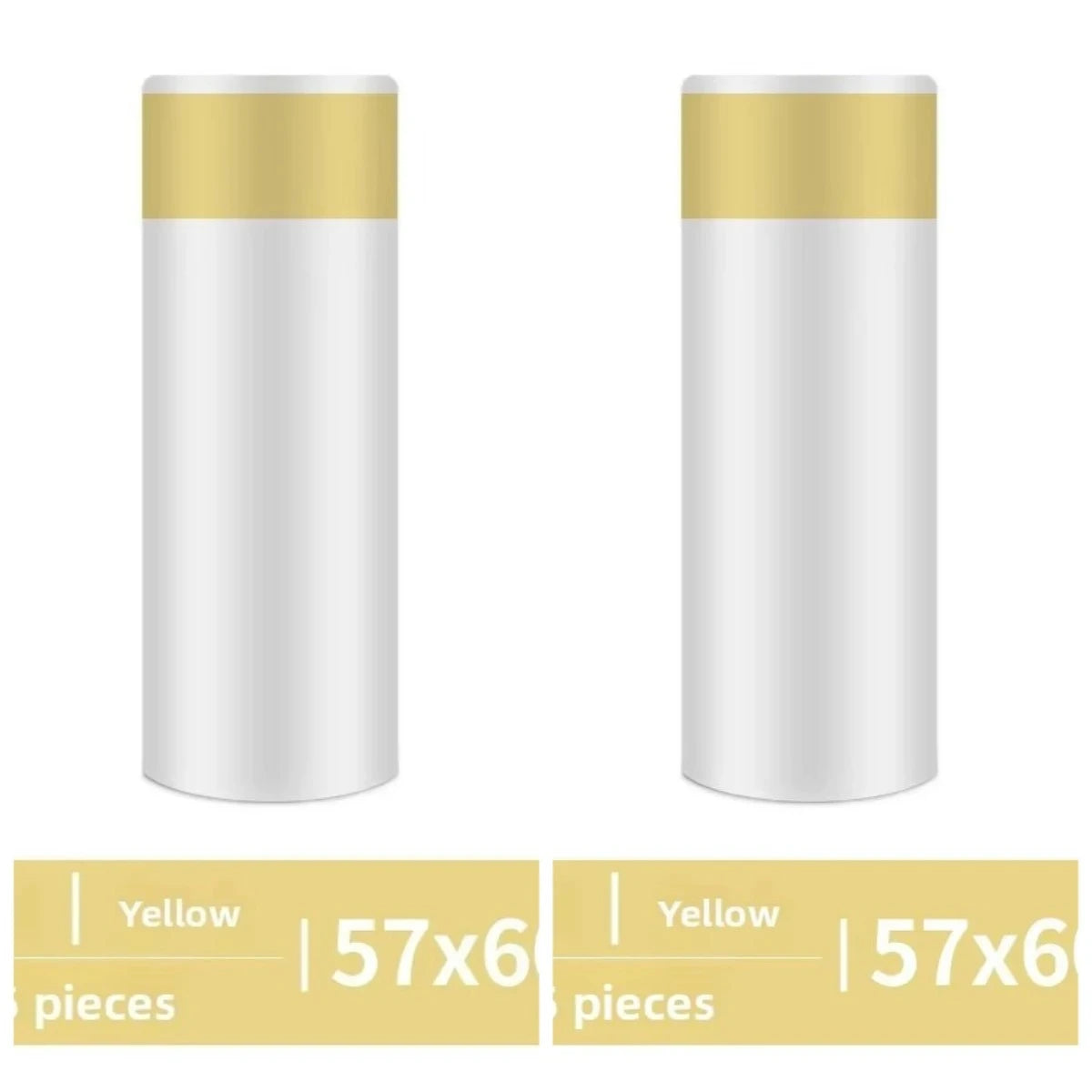 A pair of gold and white drawstring trash bags with handles shown side by side.