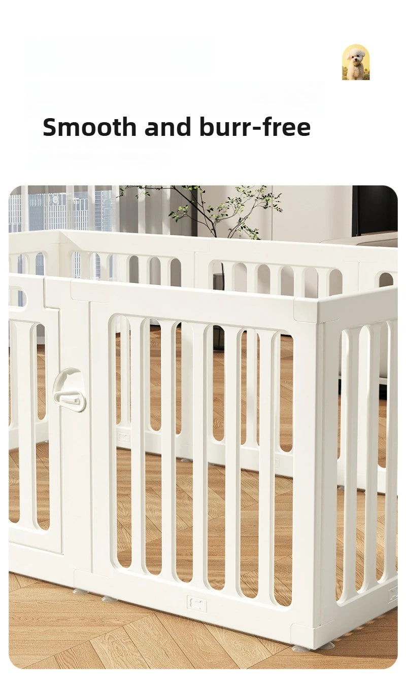 White indoor pet playpen with vertical slats shown on a wooden floor.