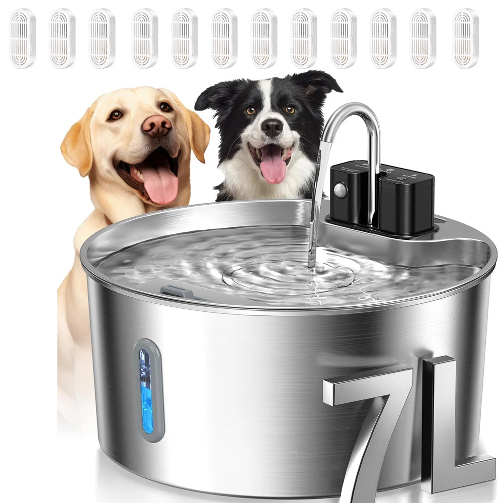 A stainless steel pet water fountain with a sensor is shown next to several dogs.