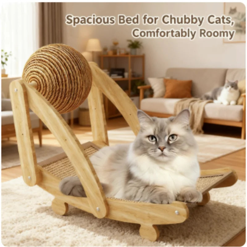 Un chat gris et duveteux se détend sur un poteau à griffer double en bois et sisal pour chats.
