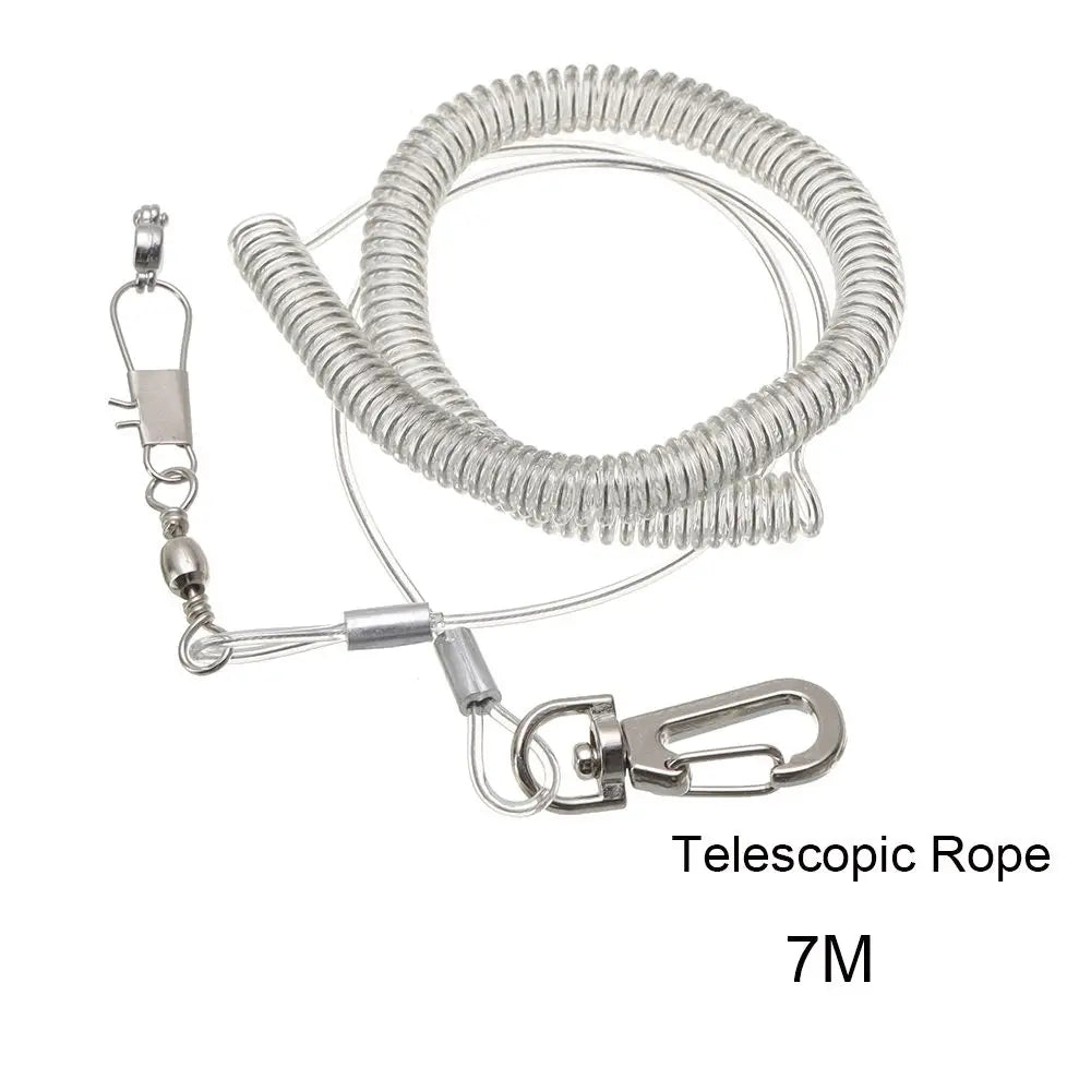 A silver telescopic rope leash with a clip and leg ring for parrot flying training.