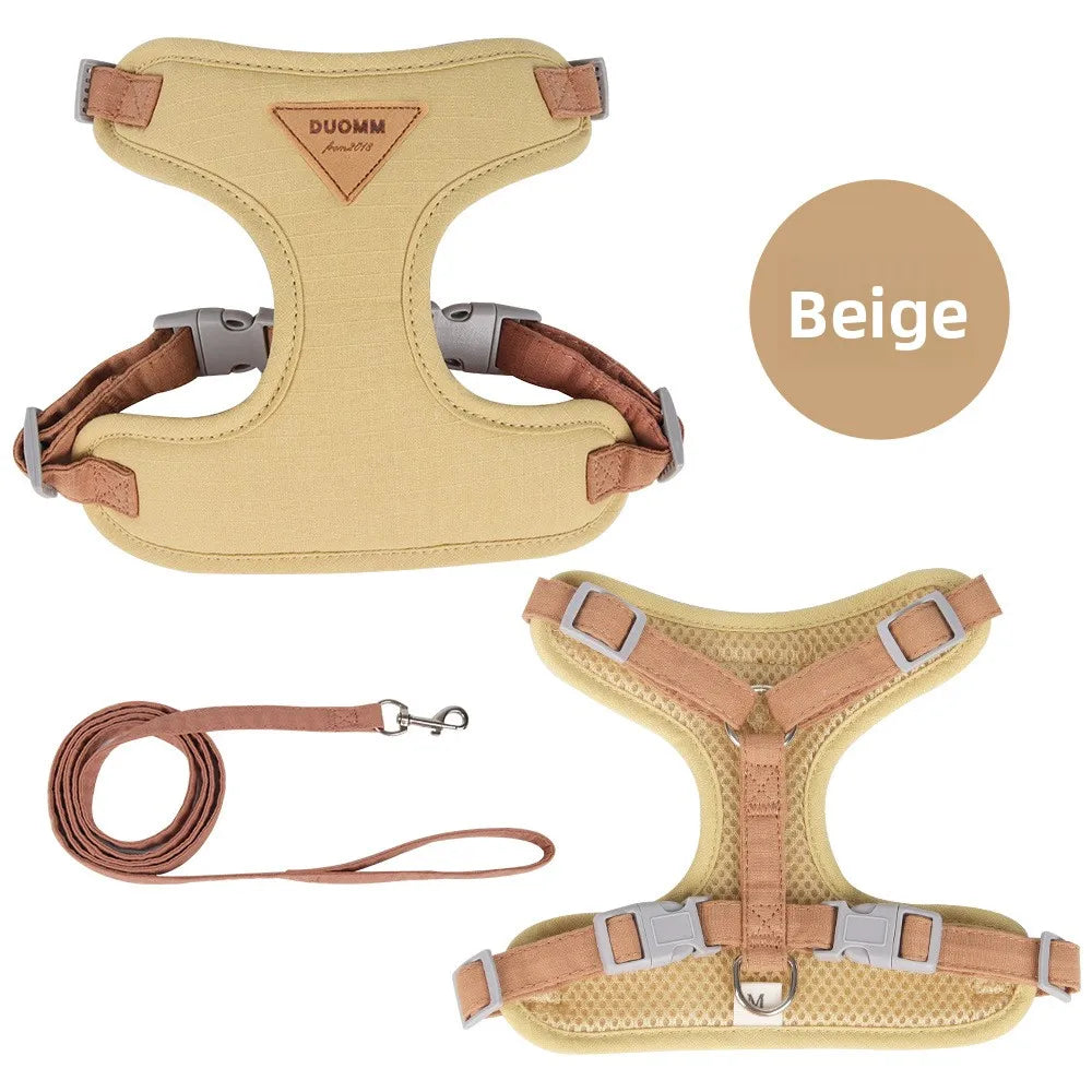 A beige escape-proof cat harness and leash set with a soft adjustable vest shown in various views.