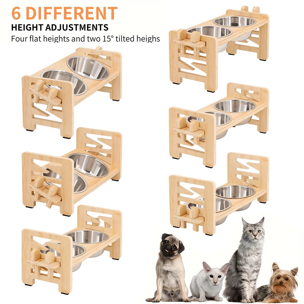 Wooden elevated puppy bowls with four flat heights and two 15 degree tilted heights shown next to cats and a dog.
