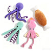 A set of three plush octopus toys in purple, teal, and pink colors for interactive play.