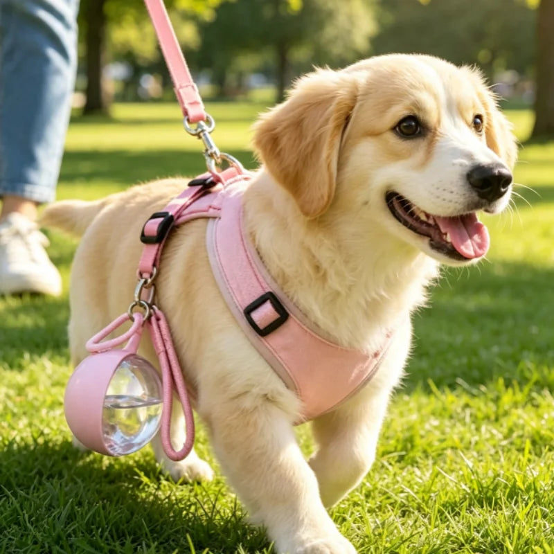 A golden retriever wearing a pink harness and carrying a clear water bottle on a leash in a grassy park.