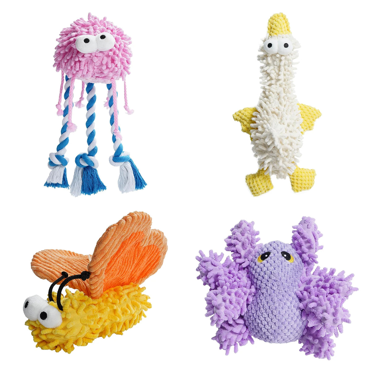 Three plush squeaky dog toys: a pink and blue creature, a white creature, and a purple creature.