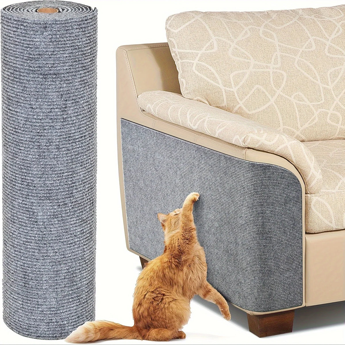 A large gray cuttable self-adhesive sofa protector mat for cats is shown next to a tan sofa.