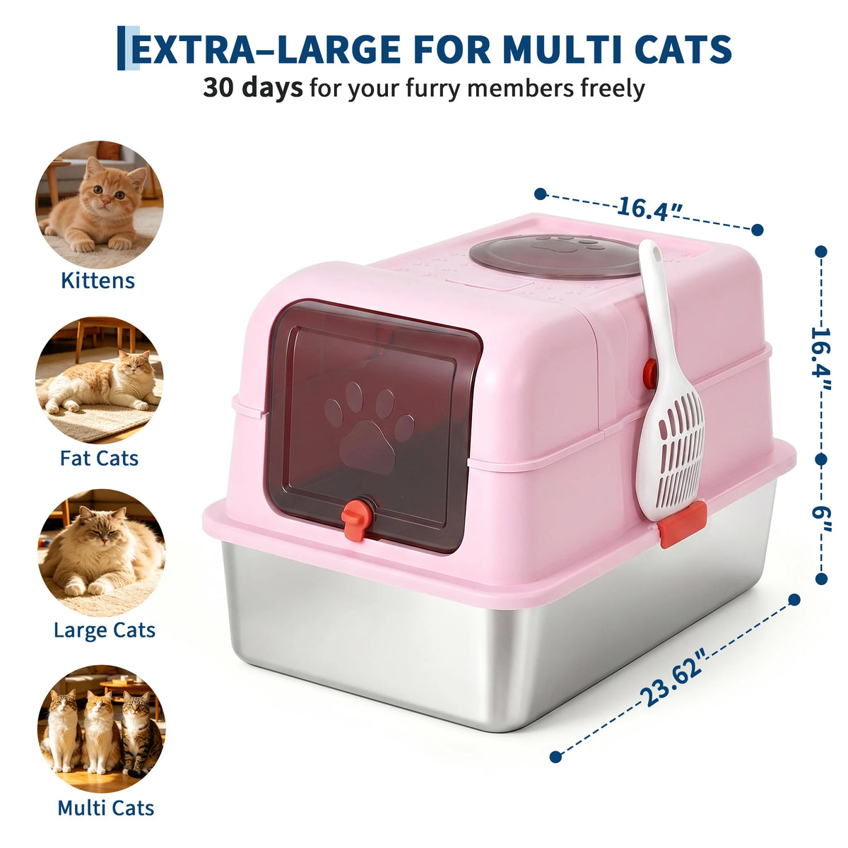 Large Stainless Steel Enclosed Cat Litter Box with Anti-Slip Base