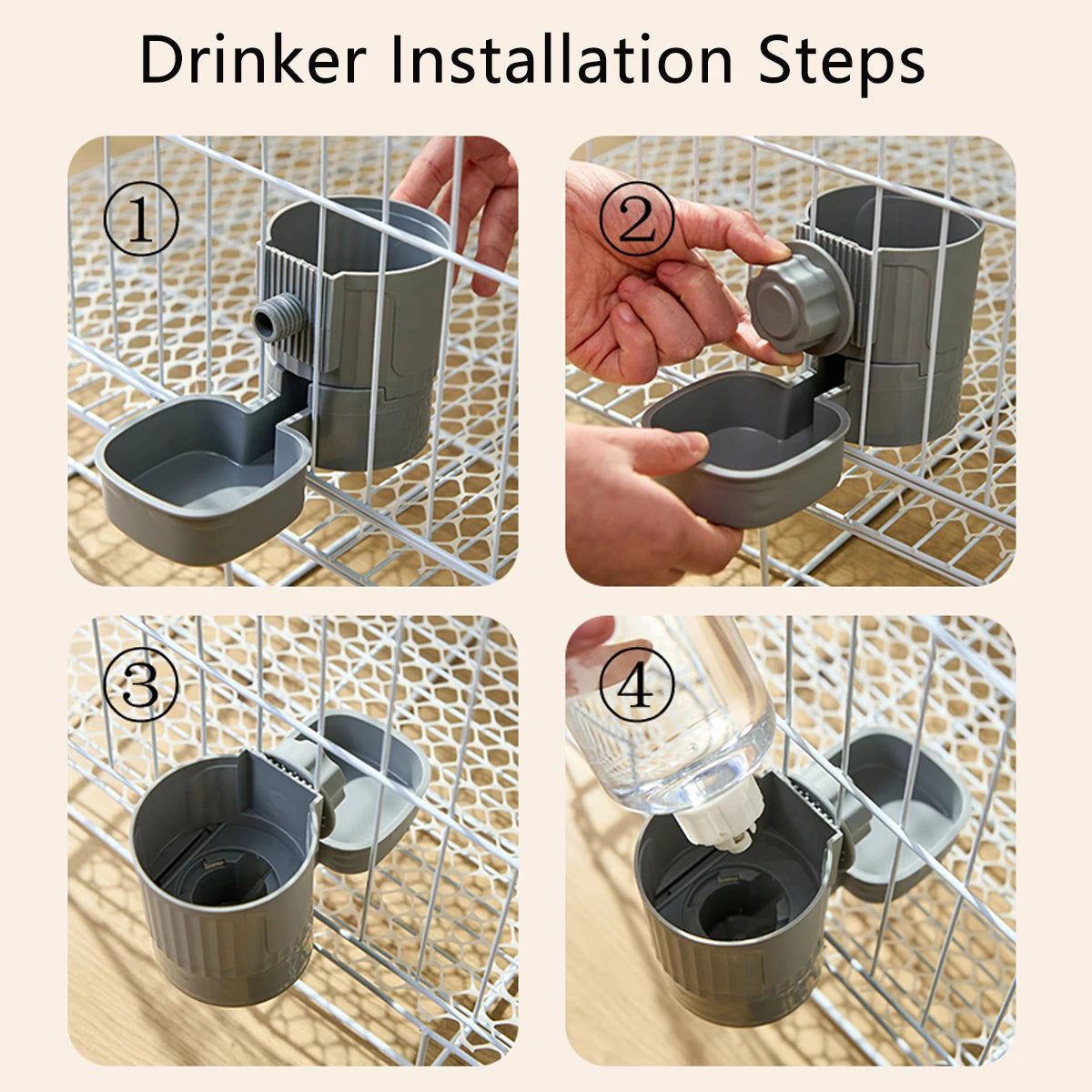 Four steps showing the installation of an automatic pet feeder waterer for dogs and cats onto a wire grid.
