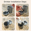 Four steps showing the installation of an automatic pet feeder waterer for dogs and cats onto a wire grid.