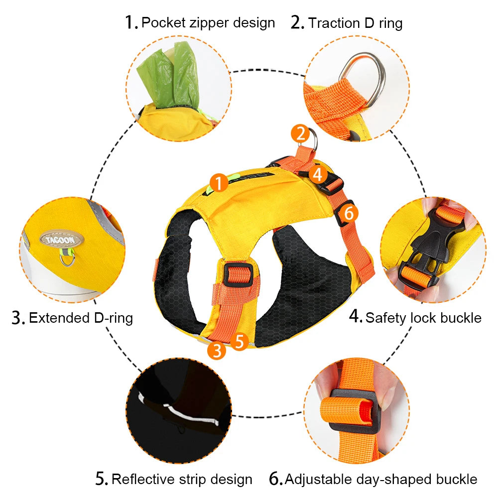 Diagram showing the features of an adjustable padded dog harness including a pocket zipper, traction D ring, extended D-ring,