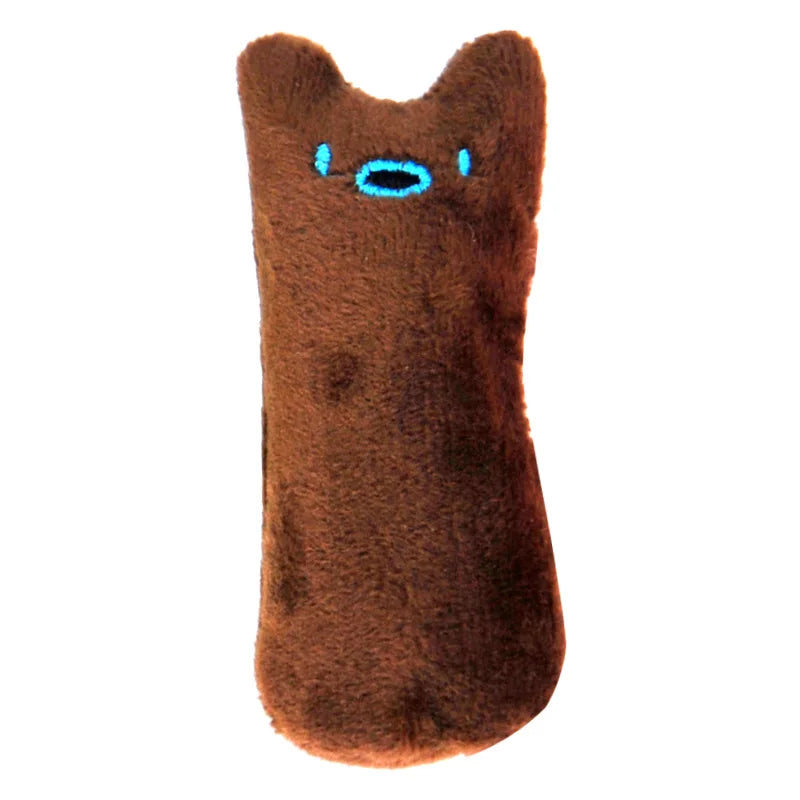 Brauchiges, längliches Plüschtier in Form eines Katzenkopfes mit leuchtend blauen Augen.