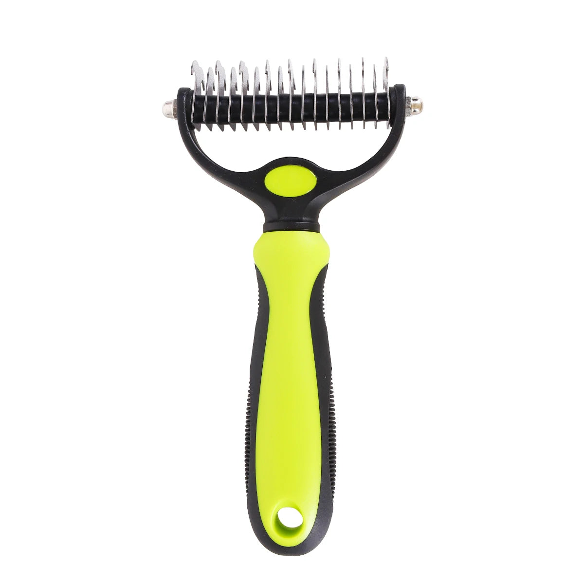 A bright yellow double-sided pet grooming comb with black teeth and a black handle.