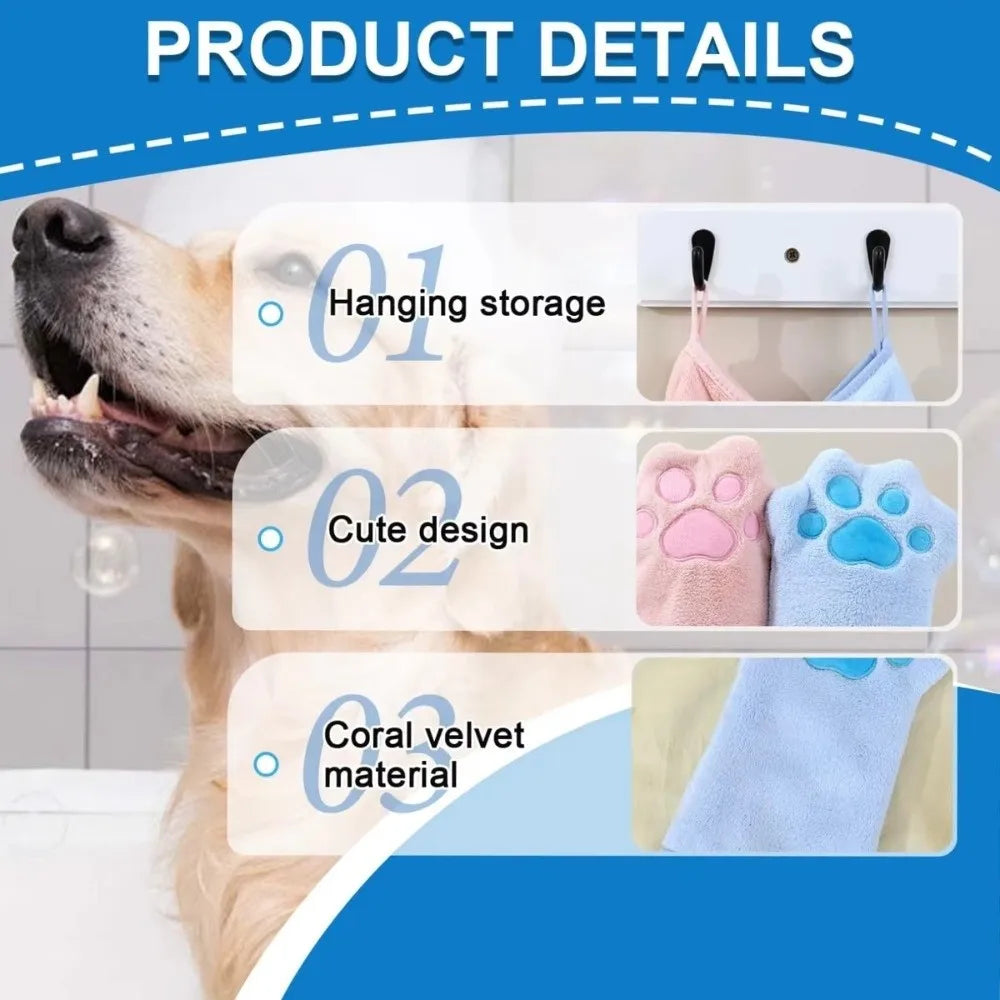 Product details showing a dog's head and three features: hanging storage, cute design, and coral velvet material.