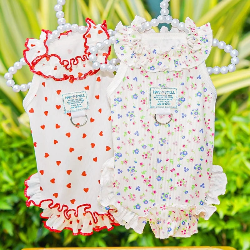 Floral Princess Pet Dress with Heart Print