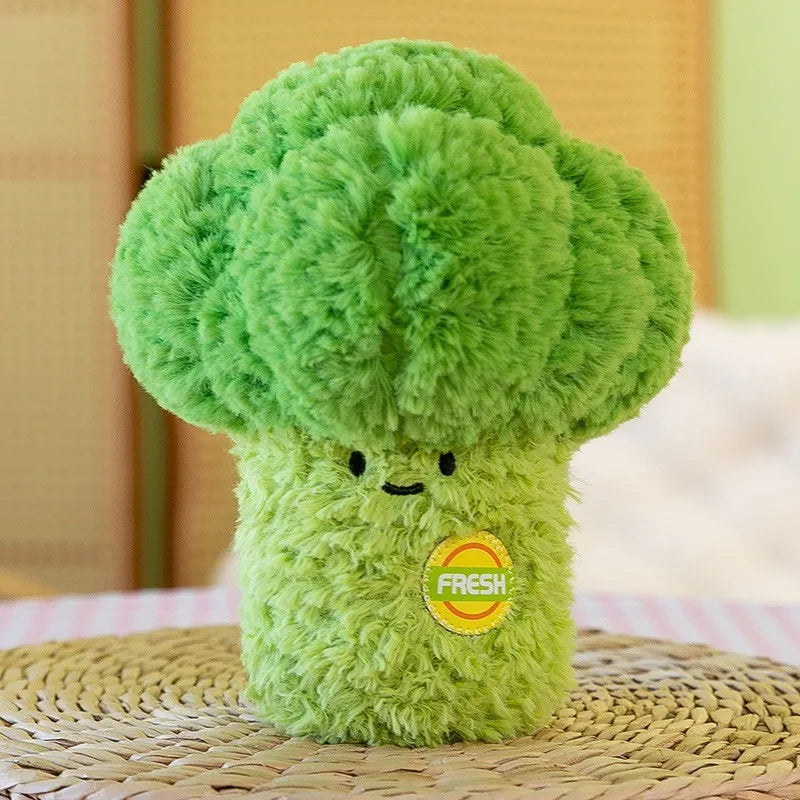 A bright green plush broccoli doll sitting on a woven mat.