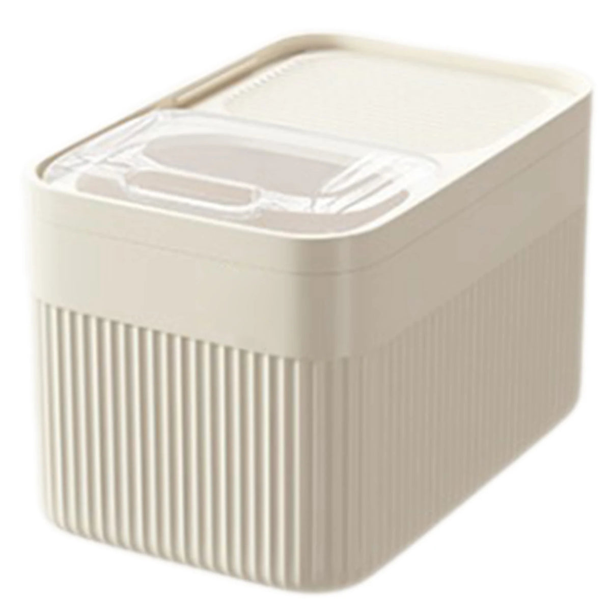 A beige airtight pet food storage container with a clear moisture-proof lid.