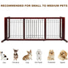 A wooden pet gate with vertical bars is shown, recommended for small to medium pets.