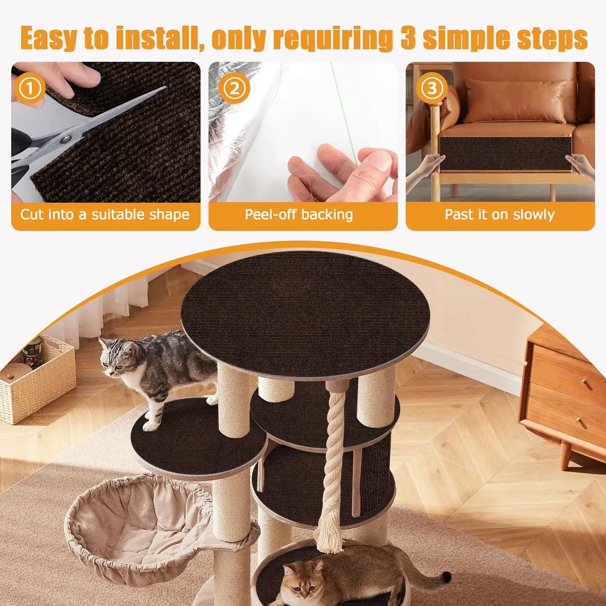 Instructions show how to install a self-adhesive cat scratching mat for furniture protection in three simple steps.