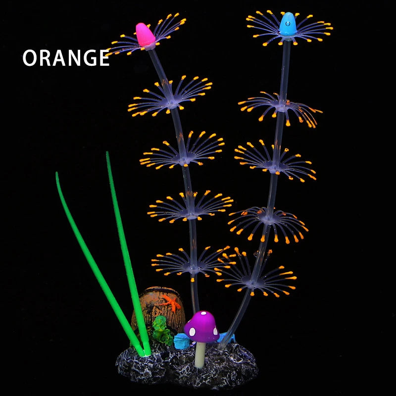 Hierba acuática de silicona naranja fluorescente con una flor rosa y puntas azules