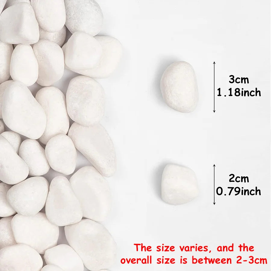 A collection of natural white polished pebbles of varying sizes, shown with dimension markers.