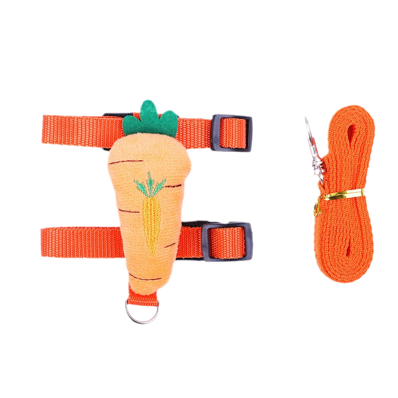 An orange cartoon carrot shaped harness and leash set for small pets.