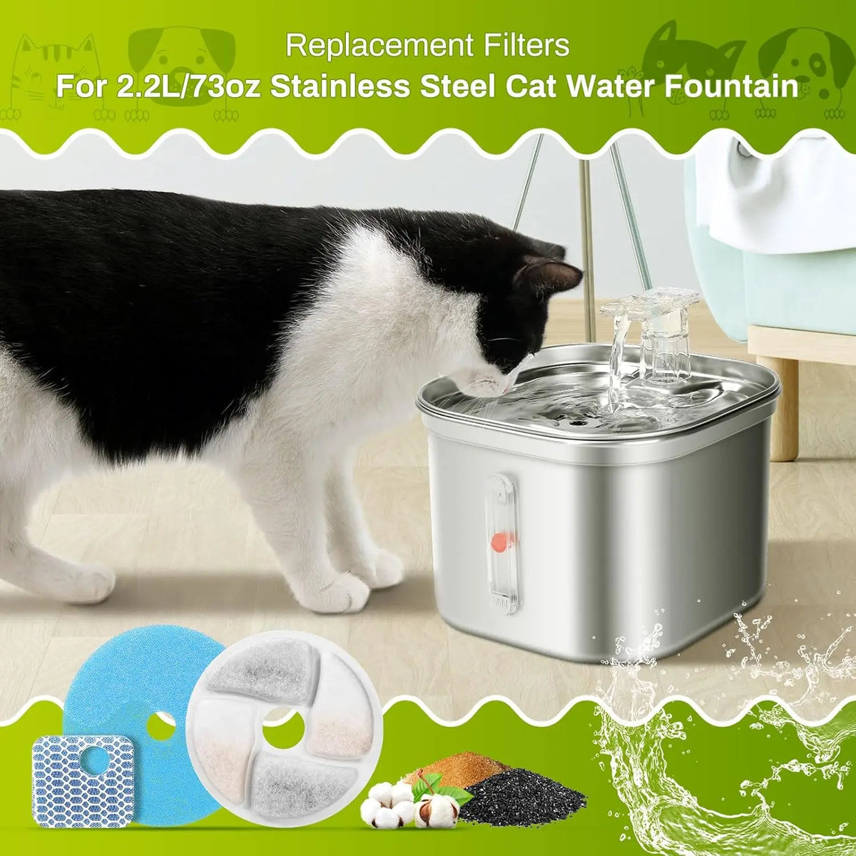Replacement filters for a stainless steel cat water fountain shown next to filter components and a cat drinking from the foun