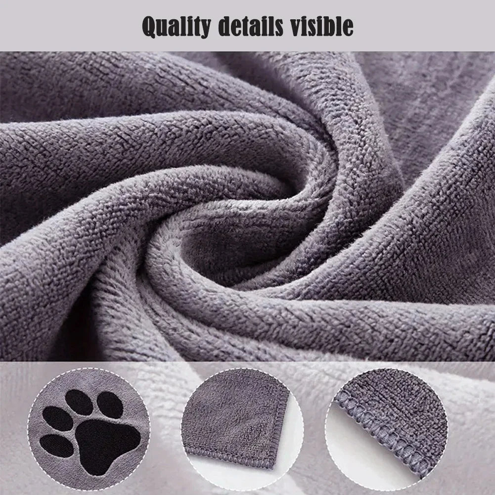 Close-up view of a soft gray pet bath towel showing visible quality details and texture.